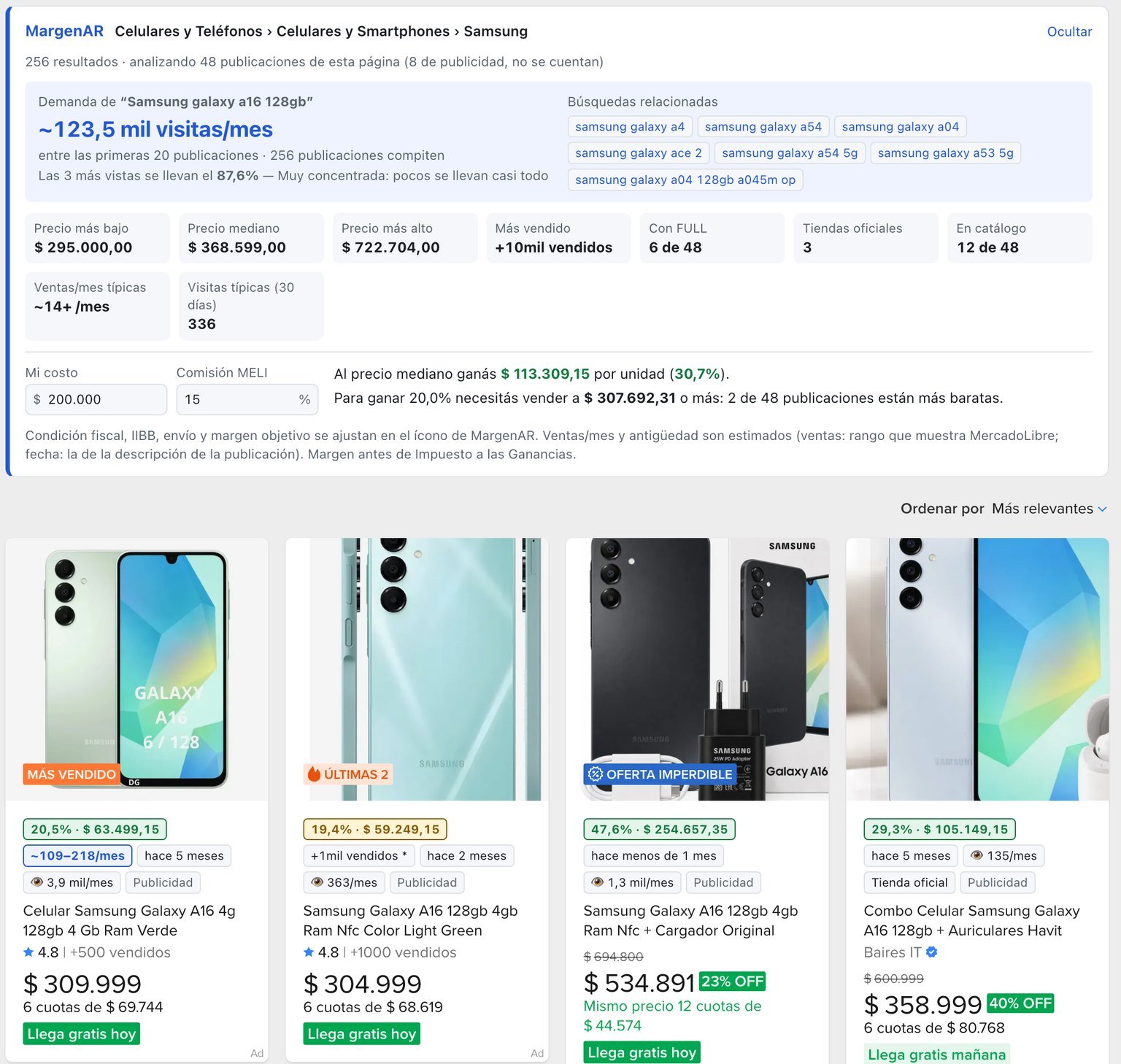 Barra de MargenAR sobre un listado de MercadoLibre
